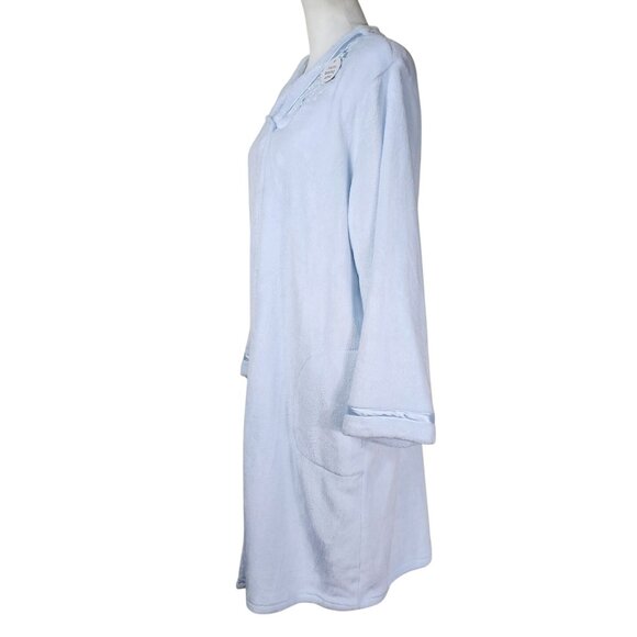 Miss Elaine Soft Blue Snap-Front Plush Robe Sz XL Satin Trim Pockets Grannycore - Picture 3 of 12